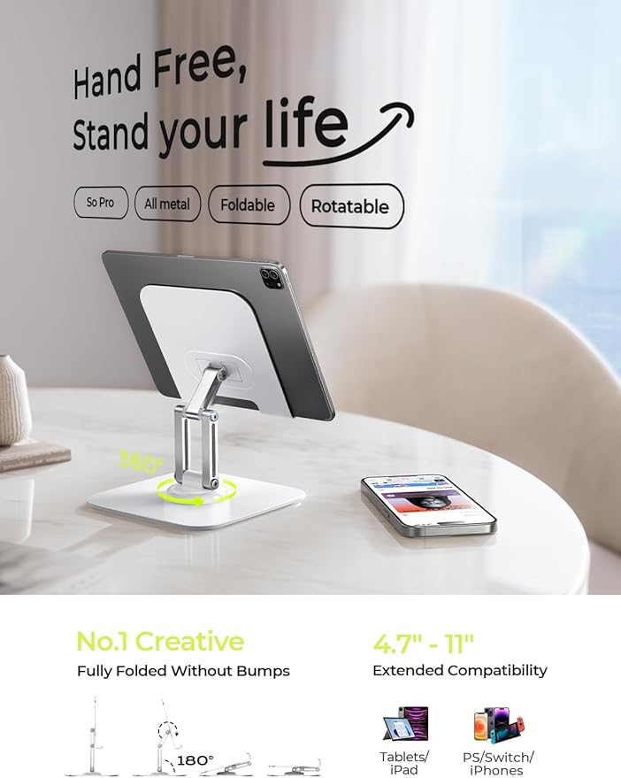 LISEN for iPad Stand Holder Adjustable Tablet Stand for Desk, 2026 for iPad Accessories Rotating Display Stand PC Office Accessories for Desk Women Kindle (White)
