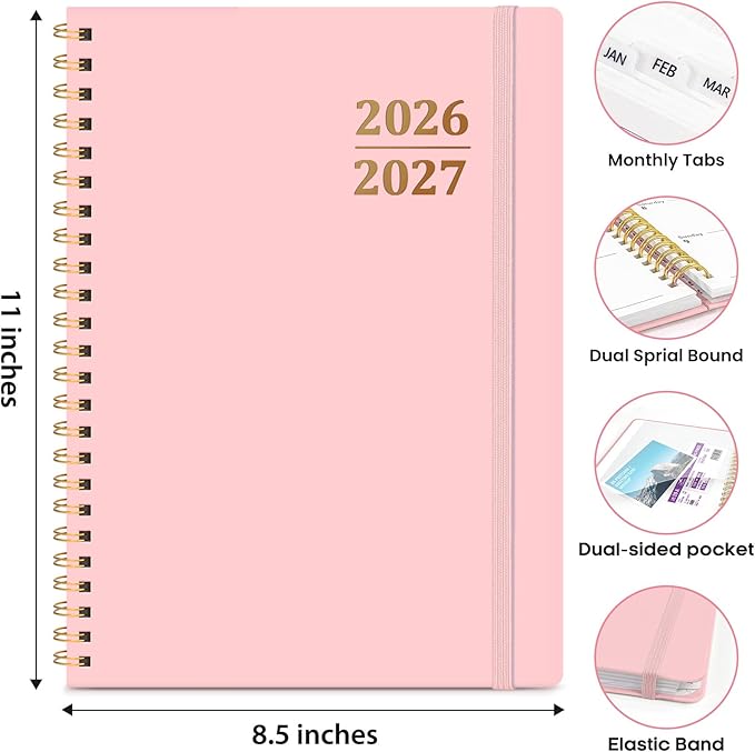 8.5" x 11" Academic Planner 2026-2027, Weekly & Monthly Calendar Planner Book, July 2026 – June 2027, Large Hardcover Organizer with Tabs, Perfect for Teachers, Students, Women & Men – A4, Pink