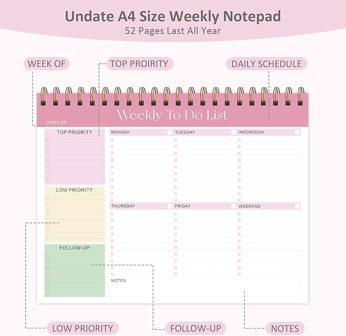 Weekly To Do List Notepad, 52 Sheets Undated Weekly Planner, 8.5"x11" Letter Size Horizontal Desk Pad with 100GSM Thick Paper, Twin-Wire Spiral Bound Tear Off Lined Organizer for Office Work, School & Home