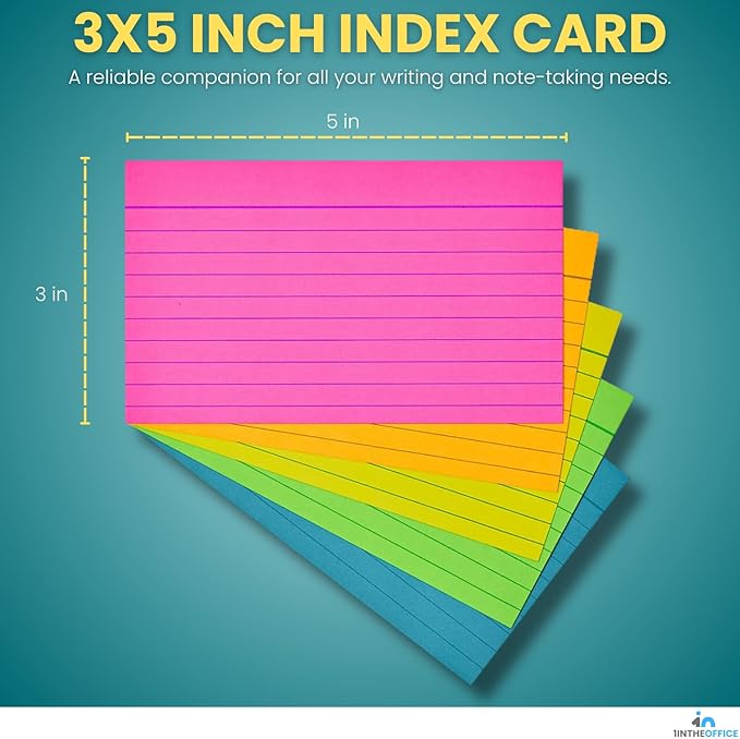 1InTheOffice Colored Index Cards 3x5, Ruled Neon Index Cards, Assorted, 600 Pack
