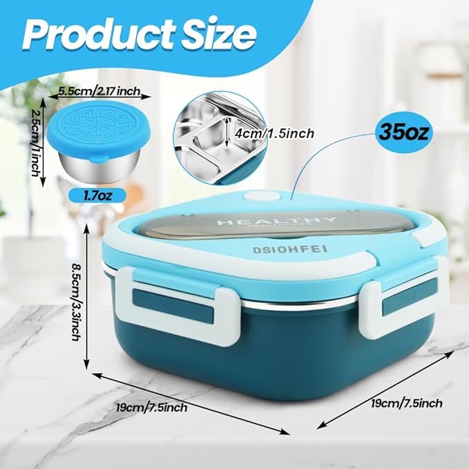 Stainless Steel Bento Box, 35oz Lunch Box with Utensil, 3 Compartment Portable Salad Dressings Container for Lunch, Metal Leakproof Snack Box Container for Sandwitch, Sauce
