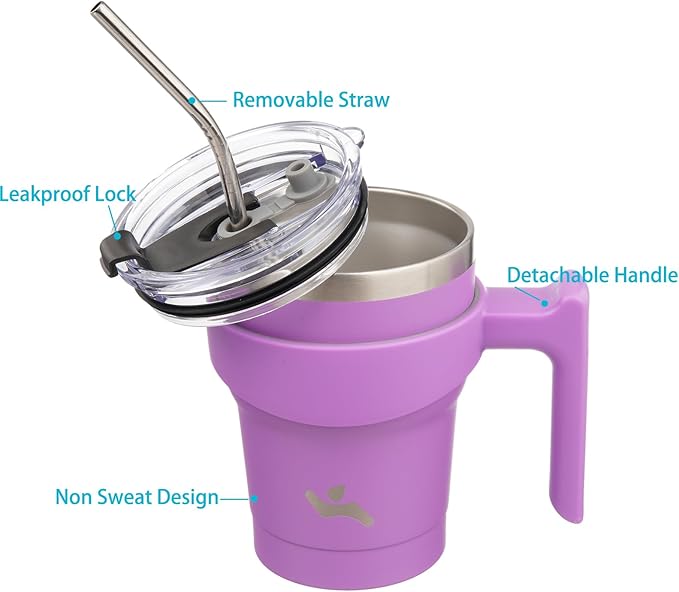 Konokyo 10 oz Tumbler with Handle and 2 Straw 2 Lid, Insulated Water Bottle Stainless Steel Vacuum Cup Reusable Travel Mug,Lavender