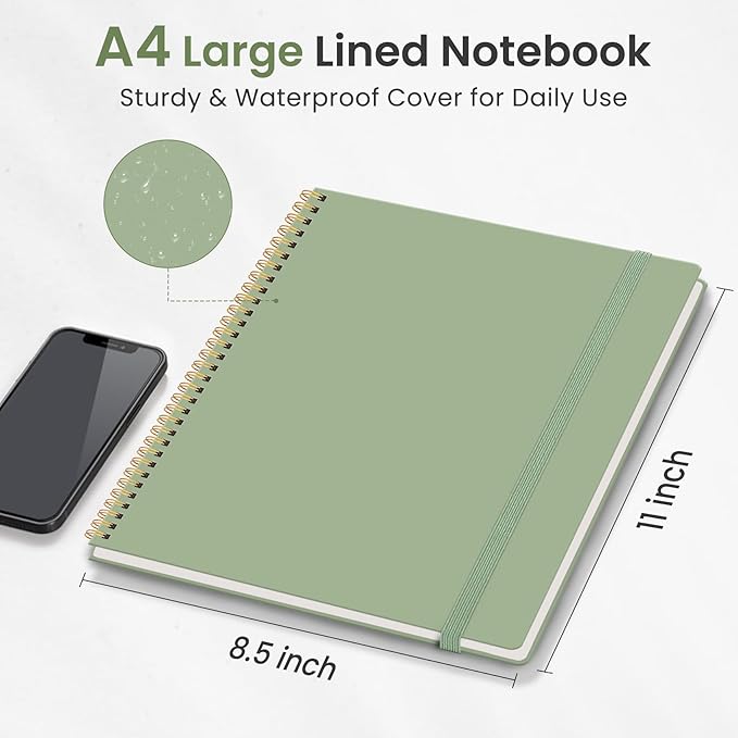 Taja Spiral Lined Notebook, 8.5"x11" Notebooks for Work, 6 Pack, Large A4 Journal for Women & Men, College Ruled Journaling Notebook for Writing, 6 Pcs, Plastic Cover Spiral Journal, Green