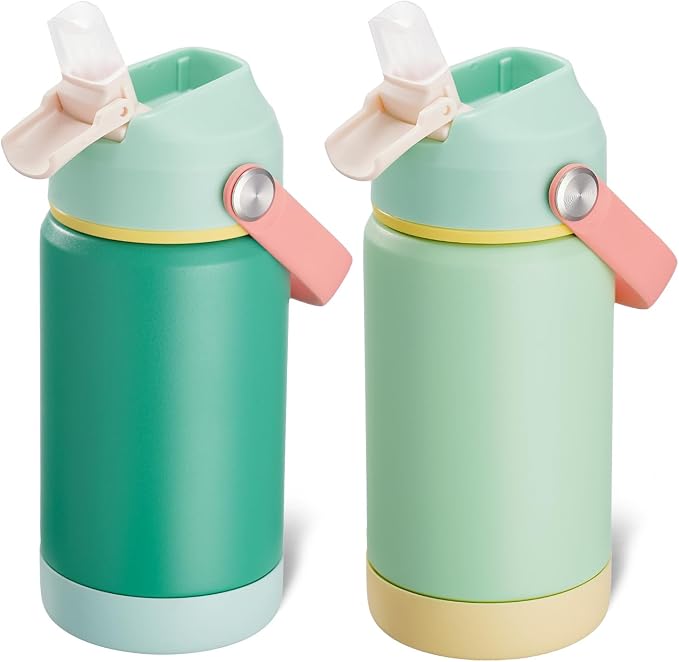 Kerilyn 12oz Water Bottle 2 Pack, Stainless Steel Insulated Water Bottle Bulk with Straws Leak-Proof,BPA Free, 2 Piece Set Mint Breeze