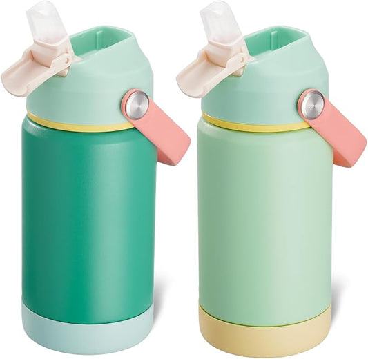 Kerilyn 12oz Water Bottle 2 Pack, Stainless Steel Insulated Water Bottle Bulk with Straws Leak-Proof,BPA Free, 2 Piece Set Mint Breeze