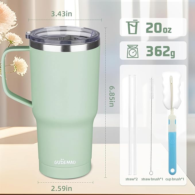 20 oz Insulated Coffee Mug with Ceramic Coating, Stainless Steel Travel Mug Tumbler with Handle Lid and Straw, Double Wall Leak-Proof Coffee Travel Mug Keeps Drink Hot and Cold (Matcha)