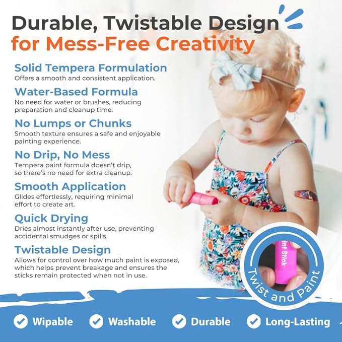 Washable Tempera Paint Sticks for Kids 12 Count - ModFamily Mod Paint Sticks- Non-Toxic Quick-Drying Paint Markers, Mess-Free Art Set for Toddlers & Children – No Water or Brushes Needed