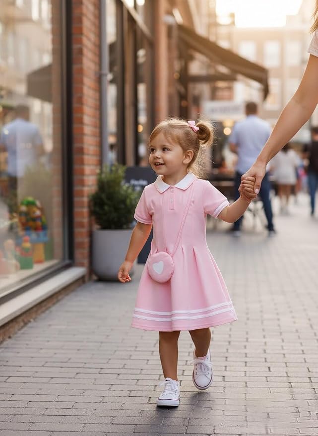 Renotemy Infant Baby Girl Dress Toddler Girls Summer Clothes School Outfits Cotton Short Sleeve Polo Dresses with Bag 12M-5T