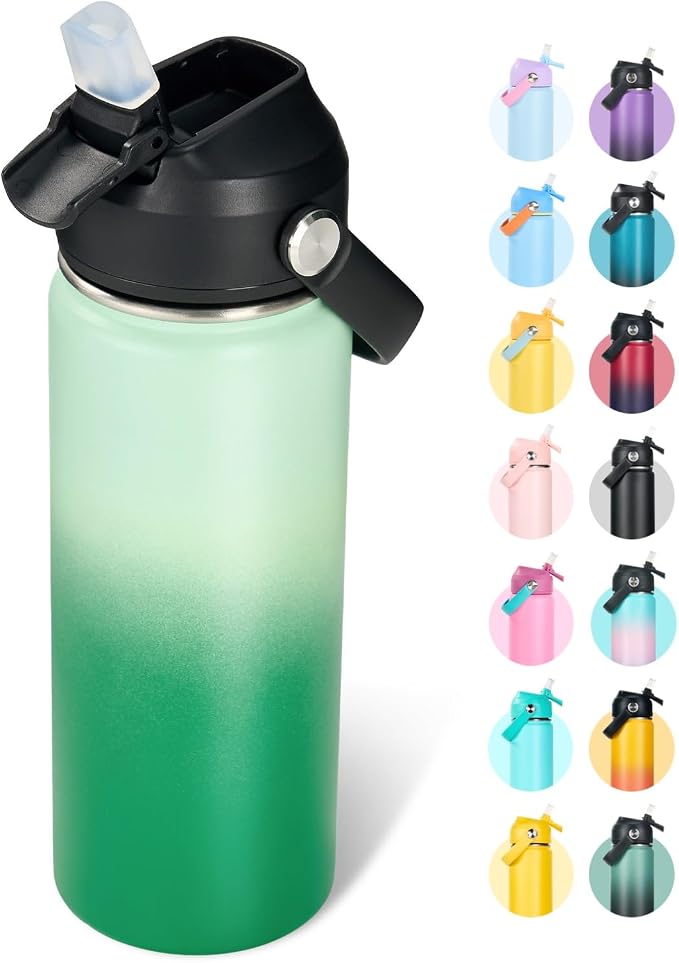 Fijinhom 18oz Insulated Stainless Steel Water Bottle, Wide Mouth Double Wall Vacuum, Silicone Straw, Sweat & Leak Proof, BPA Free Insulated Water Flask for Travel, Green Gradient