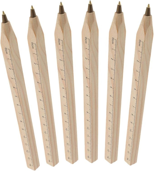 Ipetboom 6pcs Biodegradable Solid Wood Ballpoint Pens Black Ruler Pens with Printed Scale Construction Carpenter Writing Markers for Office and Workshop Use