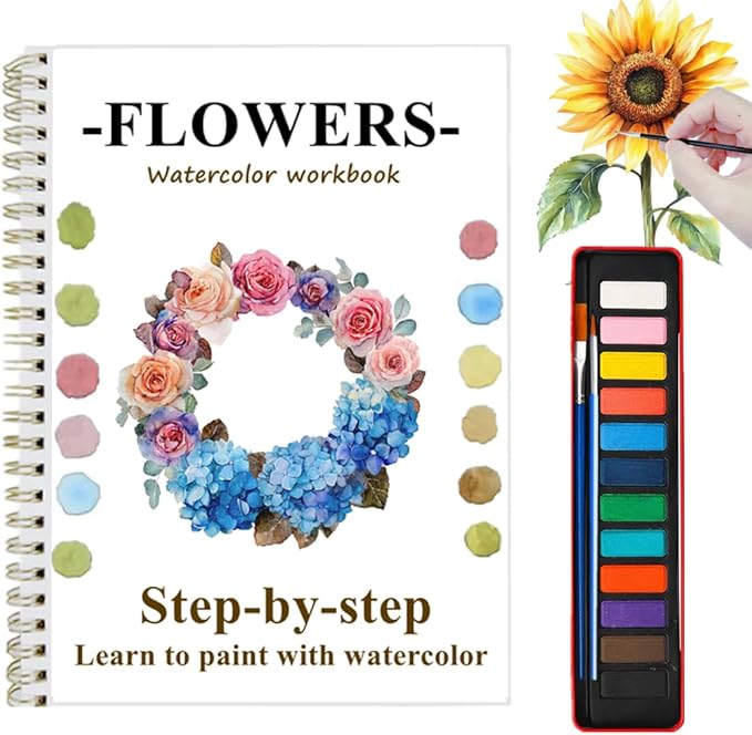 Watercolor Workbooks with Sketches, Beginner Friendly Water Coloring Book Watercolor Paint Set Art Crafts Painting Kit Gift for Adults, Any Level Artist (Flowers A, with Paint Set)