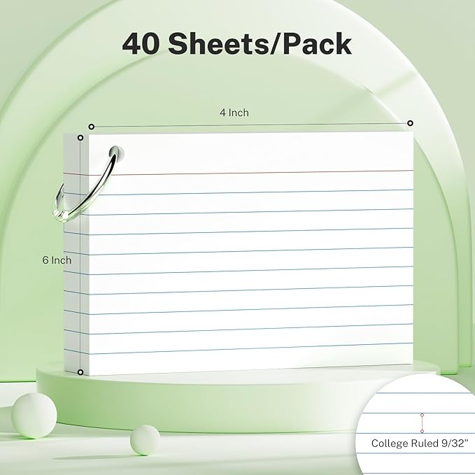 160 Pcs Index Cards with Ring 4 x 6 Inch Colored Heavyweight Ruled Flash Cards, Flashcards with Ring for School & Office Supplies and Home Organization, Durable Study To Do List Lined Note Cards