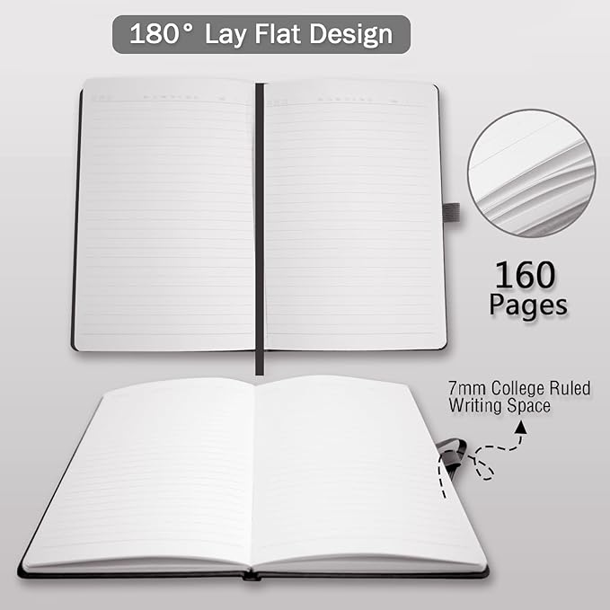 Heture Hardcover Notebooks, A5 Lined Journals Notebook for Writing 160 Pages, 8.2 x 5.5 inch, Classic Ruled Notebooks for College/Work/Travel (Lined-3 Pack, Black)