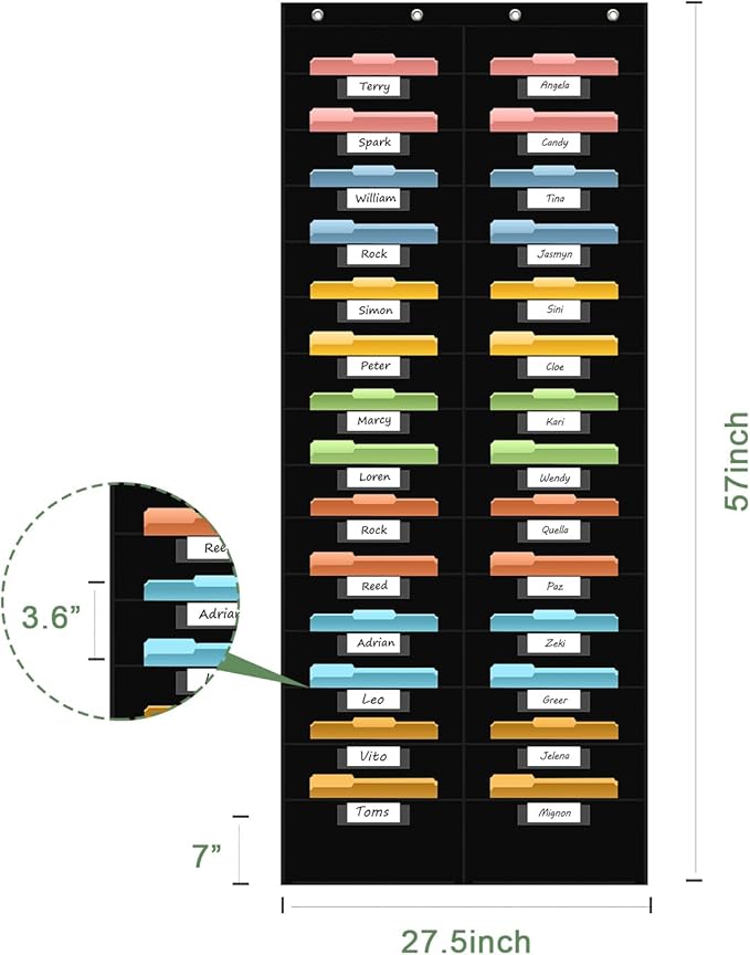 ANCOMEDO 28 Pocket Hanging Wall File Organizer with 28 Name tag Pockets, File Storage Pocket Chart for Classroom and Office Use. Keeps Assignments, Files, Scrapbooks, and Papers Neatly Organized.