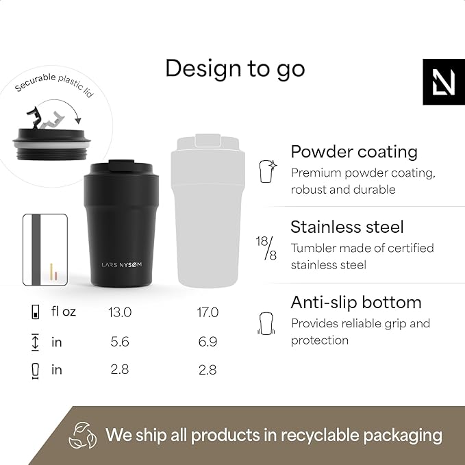 LARS NYSØM Thermo Coffee Mug to go 13oz | Travel Mug 0.38 Liter with Insulation | Silicone grip base | Leak Proof Stainless Steel Tumbler for Coffee and Tea on the Go (Powder Black, 13oz)