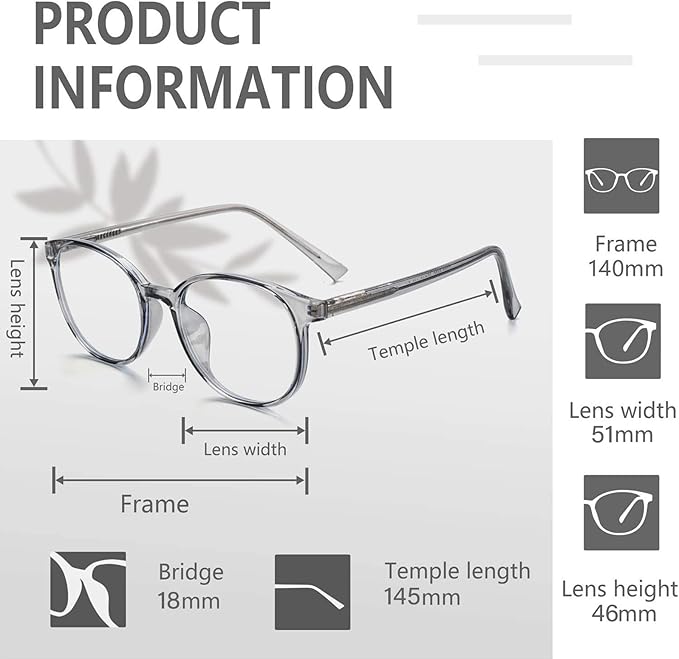 FONHCOO Stylish Glasses Women Men Eyeglasses, TR90 Fashion Round Transparent Eye Glasses (Smoke Grey)