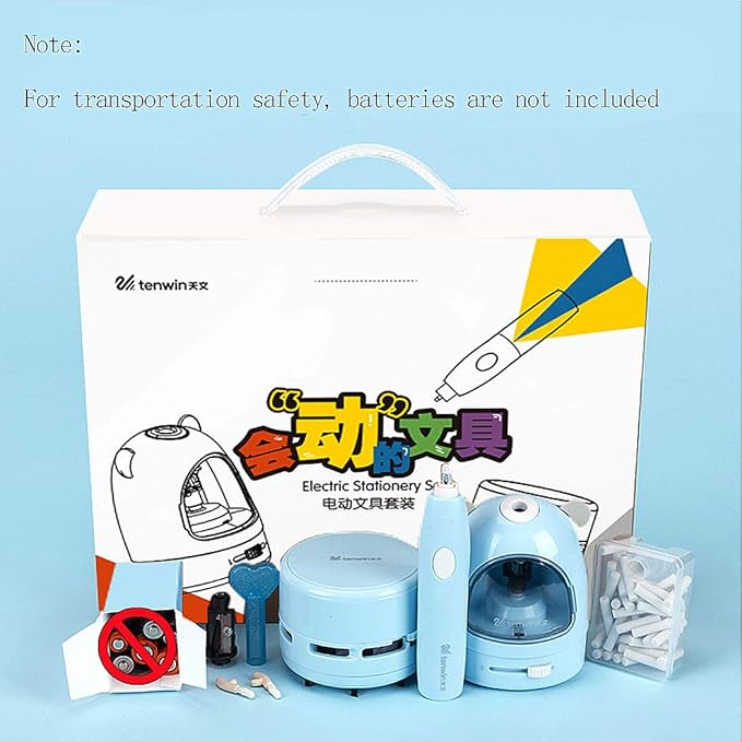 Electric Pencil Sharpener Stationery Set Gift Box Desktop Vacuum Cleaner Electric Eraser with Replacement Blade, Eraser, Battery Operated Automatic Sharpener, Blue