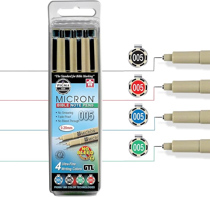 G.T. Luscombe Company, Inc. Pigma Micron 005 Ultra Fine Point Bible Note Pen Kit | No Bleed Pigmented Ink | Bible Safe | No Smearing or Fading | Black, Blue, Green, Red (Set of 4) | New Packaging |