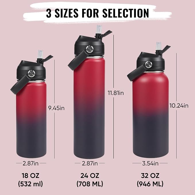 Fijinhom 18oz Insulated Stainless Steel Water Bottle, Wide Mouth Double Wall Vacuum, Silicone Straw, Sweat & Leak Proof, BPA Free Insulated Water Flask for Travel, Keep Cold 24h Hot 12h, Red