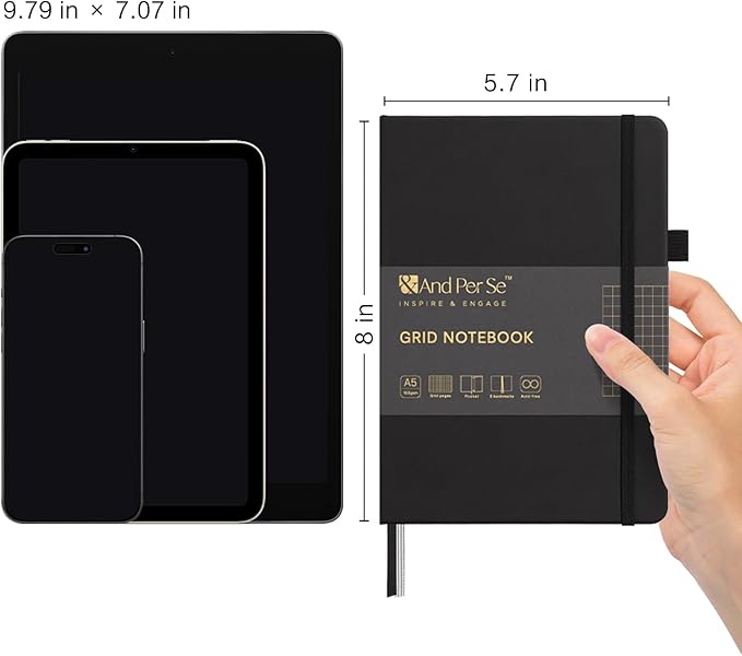 &And Per Se Graph Notebook, 5mm Grid, A5 Hardcover, 160 Pages 100gsm Thick Paper, Grid Journal for Diagrams, Wireframes, CAD Sketches (Black)