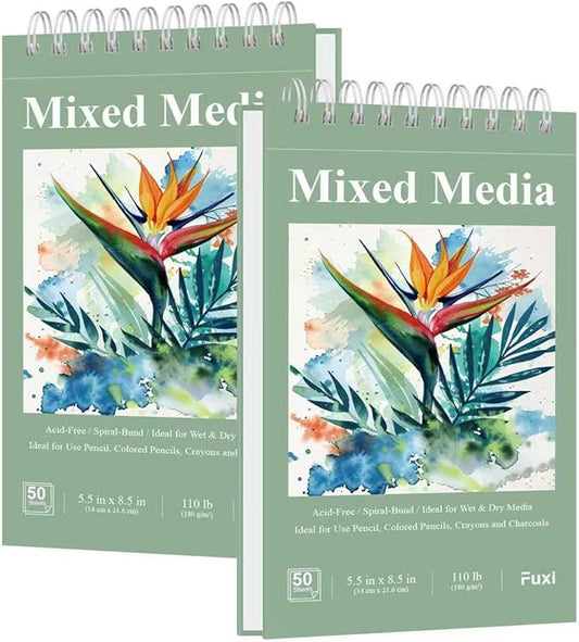 Fuxi Small Mixed Media Sketchbook, 2-Pack - 5.5" x 8.5" | 110lb/180gsm Mixed Media Paper for Watercolor, Acrylic, Ink, Pencil, 50 Sheets Per Pad.