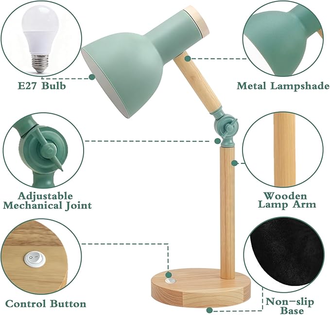 Desk Lamp, LED Desk Lamps for Home Office, Eye-Caring Desk Light, 3 Color Modes Reading Light, Wood Table Lamps with Flexible Arm, Study Lamp for Bedside College Dorm Room Essentials (Green Lamp)