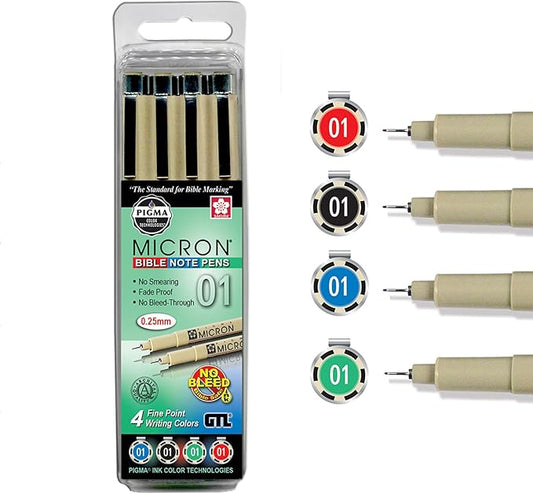 G.T. Luscombe Company, Inc. Pigma Micron 01 Fine Point Bible Note Pen Kit | No Bleed Pigmented Ink | Bible Safe | No Smearing or Fading | Black, Blue, Green, Red (Set of 4) | New Packaging |