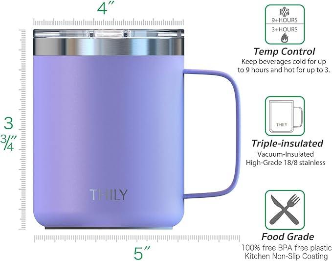 THILY Stainless Steel Insulated Coffee Mug 12 oz Triple-Insulated Travel Cup with Handle and Spill Proof Lid, Keep Coffee Cold or Hot Hours, Powder Coated, Matte Lavender