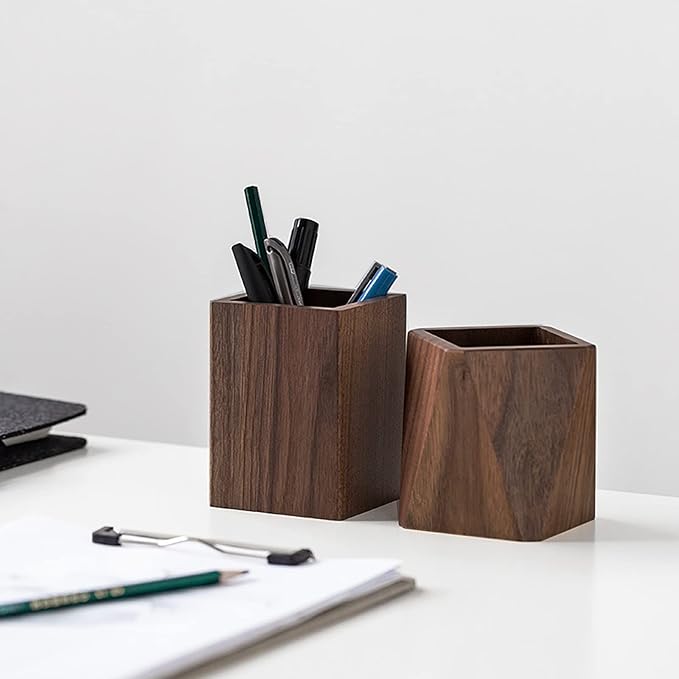 Black Walnut Wooden Pencil Box, Multiple-Use Desk Writing Stationary Organizer Wood Pen Holder Cups Office School Supplies Storage (Square Shape)