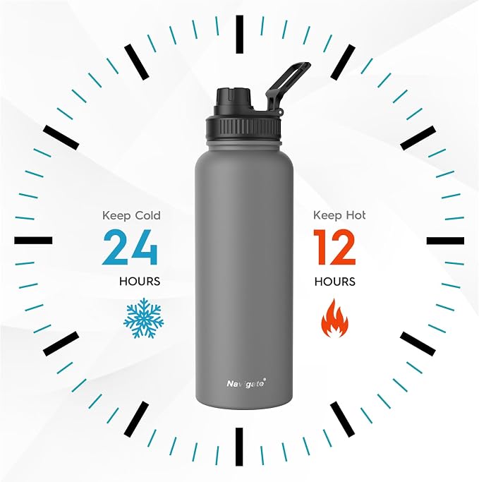 Navigate 40oz Insulated Water Bottle for Sports, Keep Cold 24H | 2-in-1 Spout and Handle Lids, Double Leak-Proof, 18/8 Stainless Steel, BPA-Free, Wide Mouth for Gym and Hiking,Grey