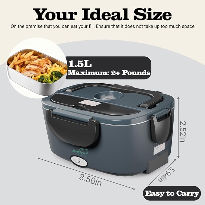 Buddew Electric Heated Lunch Box, 80W Fast Heating, 1.5L Food-Grade 304 Stainless Steel, 12V/24V/110V Portable Food Warmer for Car Truck Office Adults, Lonchera Electrica Portatil (Gray+Black)