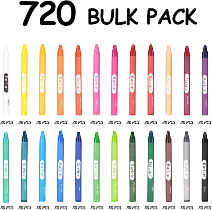 Rarlan Crayons Bulk, 30 Crayon Packs with 24 Assorted Colors, 720 Count Crayons