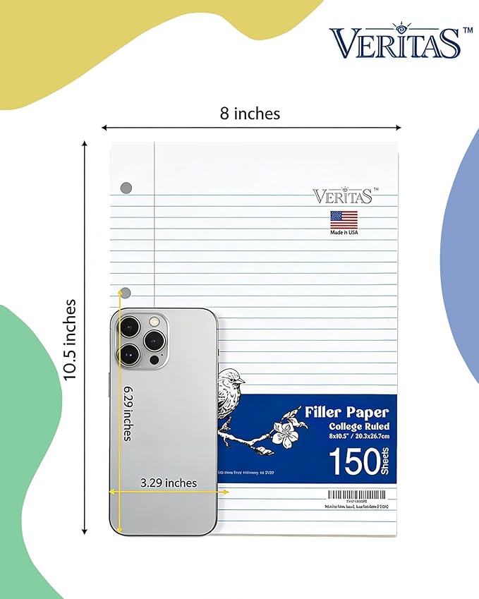 Loose Leaf Paper College Ruled, 8" x 10.5" Binder Filler Paper, 3 Hole Punched Notebook Paper, 3600 Sheets Total 24 Pack 150 Sheets/Pack, Bulk School & Office Supplies, Made in USA