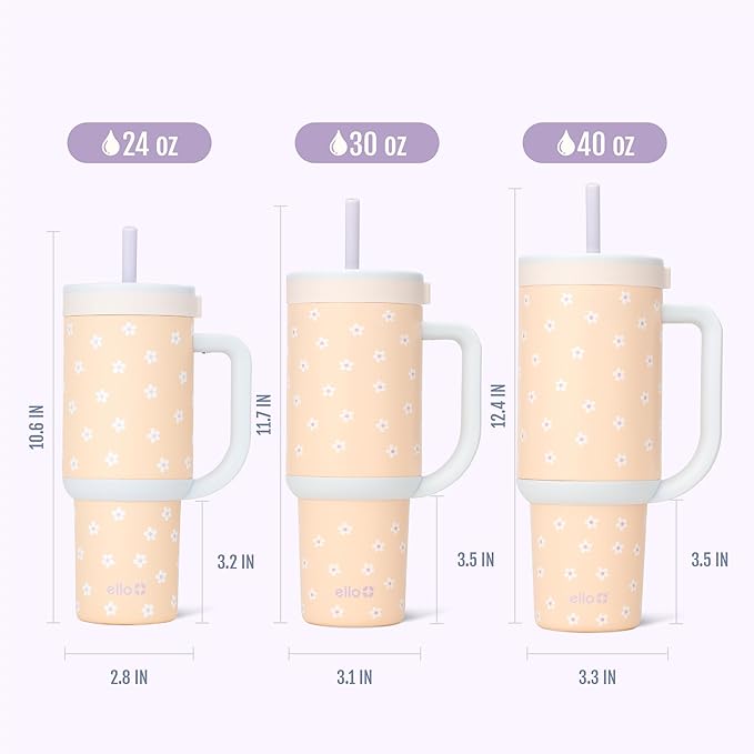Ello Oasis 40 oz Tumbler with Handle & Retracting Straw | Reusable Insulated Stainless Steel Cup 100% Leakproof, Gifts for Teens Women Men | Keeps cold for 24 Hours, Cup Holder Friendly, Daisies