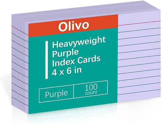 Purple Index Cards 4x6 Lined Ruled Flash Note Cards 100 Count, 220 GSM Heavy Weight