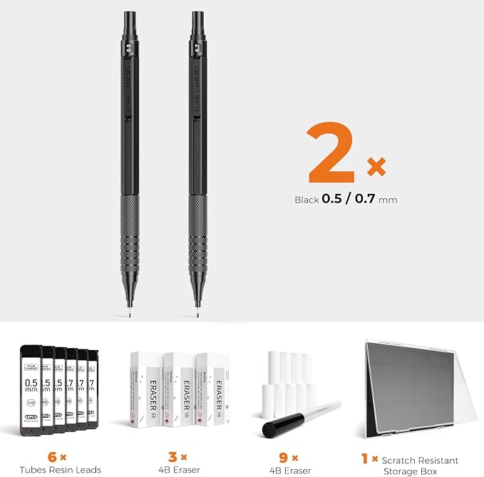 Four Candies 2PCS 0.5mm & 0.7 mm Metal Mechanical Pencils Set, 360PCS Lead Refills, 12 Erasers, Cool Lead Pencil with Case for School Writing, Sketching, Technical Work, Art Projects, Black | 360PCS HB Lead Refills, 3 Erasers, 9 Eraser Refills, for Sch...