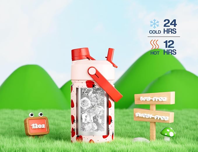 12 oz Kids Metal Water Bottle: 2-in-1 Straw Spout Lid, Spill-Proof, Easy Clean, Keep Cold 24H, Backpack Friendly, BPA-Free Stainless Steel Cup for School, Daycare, Playtime, Gift (Strawberry Squeeze)