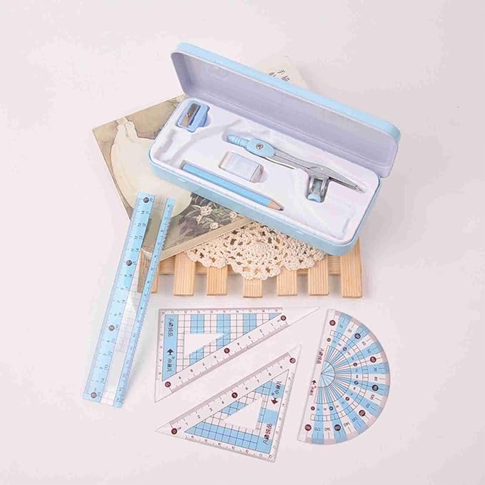 Math Geometry Kit, Pencil for Compass, Pencil Sharpener, 2 Rulers, Straight Ruler, Protractor, Graphic Compass, White Eraser Shatterproof Storage Box Protractor Math Compass Kit (Blue)
