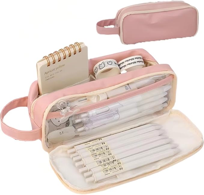 Big Capacity Pencil Case 5 Compartments Large Pencil Pouch Pen Bag Pencil Box Holder Organizer Simple Storage Aesthetic Stationery Cosmetic for Adults Men Women College Office Essentials (Pink)