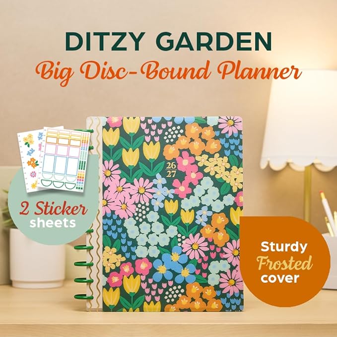 Happy Planner Disc-Bound 12-Month July 2026–June 2027 Academic Planner with 3 Extra Months, Big Size, 8.5" x 11", Teacher Layout, Ditzy Garden