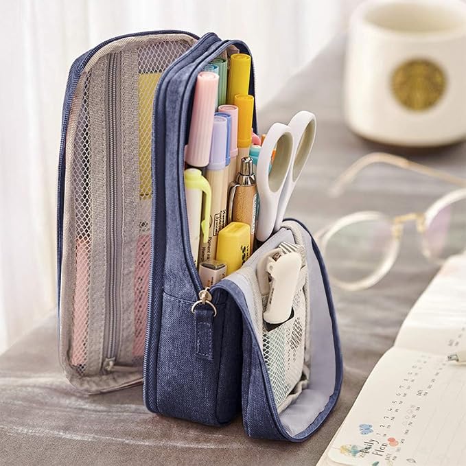 iSuperb Standing Pencil Case 2 Compartments Pencil Pouch Magnetic Mobile Phone Holder Bracket Pen Bag Large Capacity Phone Pouch College Stationery Organizer Storage for Kids Boys Girls
