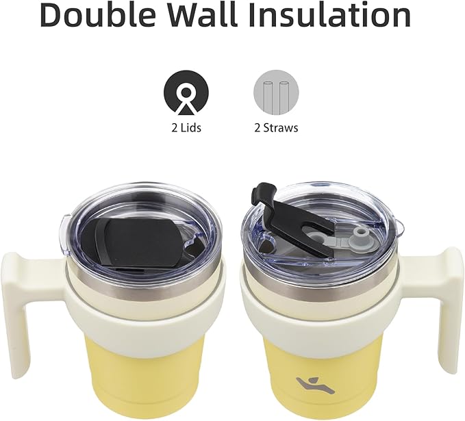 Konokyo 10 oz Tumbler with Handle and 2 Straw 2 Lid, Insulated Water Bottle Stainless Steel Vacuum Cup Reusable Travel Mug,Lemon