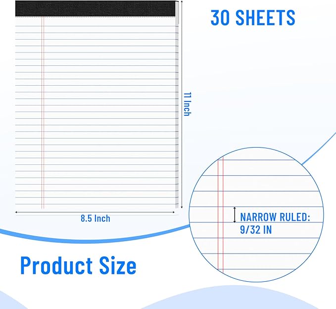 12pcs Legal Pads 8.5 x 11, Notepads 8.5 x 11 College Ruled Notebook, Writing Pads of Paper,White Note Pads, Memo Pad Papers Perforate Legal Notepads Narrow Ruled Line,30 Sheets/Pack