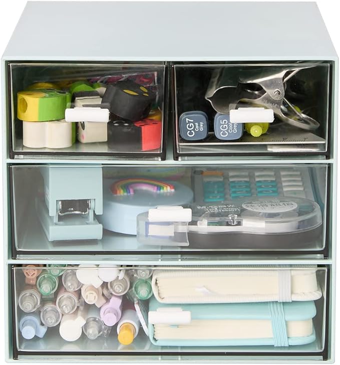 Desk Organizer with 4 Drawers, Clear Plastic Desk Storage Box, Desktop Organization for Office Supplies, Gel Pens, Pencils, Markers, Tape, Erasers, Paperclips, Chargers (Blue)