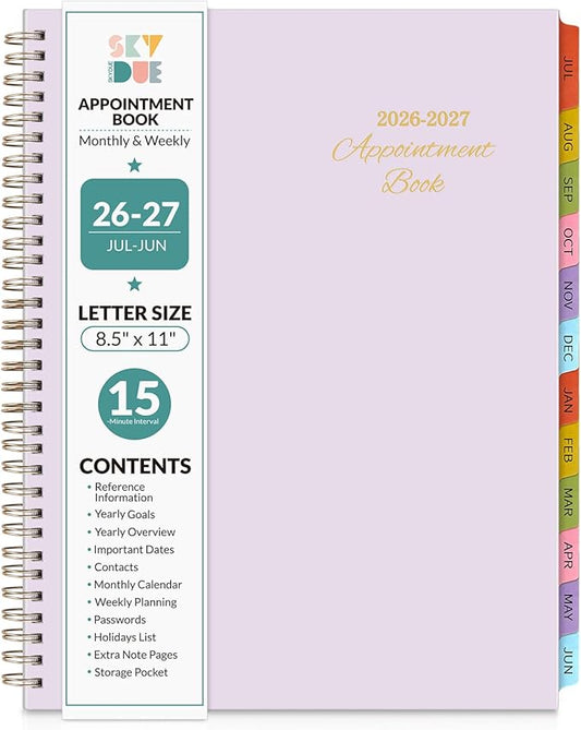 SKYDUE Appointment Book 2026-2027, Academic Hourly Planner from July 2026 - June 2027, 8.5" x 11" Weekly & Monthly Schedule Planner with 15-Minute Interval- Perfect for Daily Planning Purple