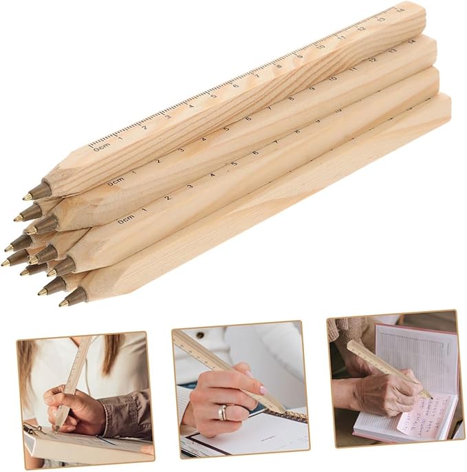 INOOMP 6pcs Black Ink Wooden Ballpoint Pens Natural Biodegradable Wood Signature Pens with Printed Scale Ruler for Woodwork Marking and Office Use