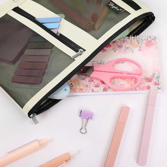 SKYDUE Pencil Pouch for 3 Ring Binder, 3 Pockets and Mesh Window | Zipper Pencil Pouch Pencil Bag with 3 Reinforced Grommets, Durable Organizer for School Supplies, Cables, Earbuds, Makeup