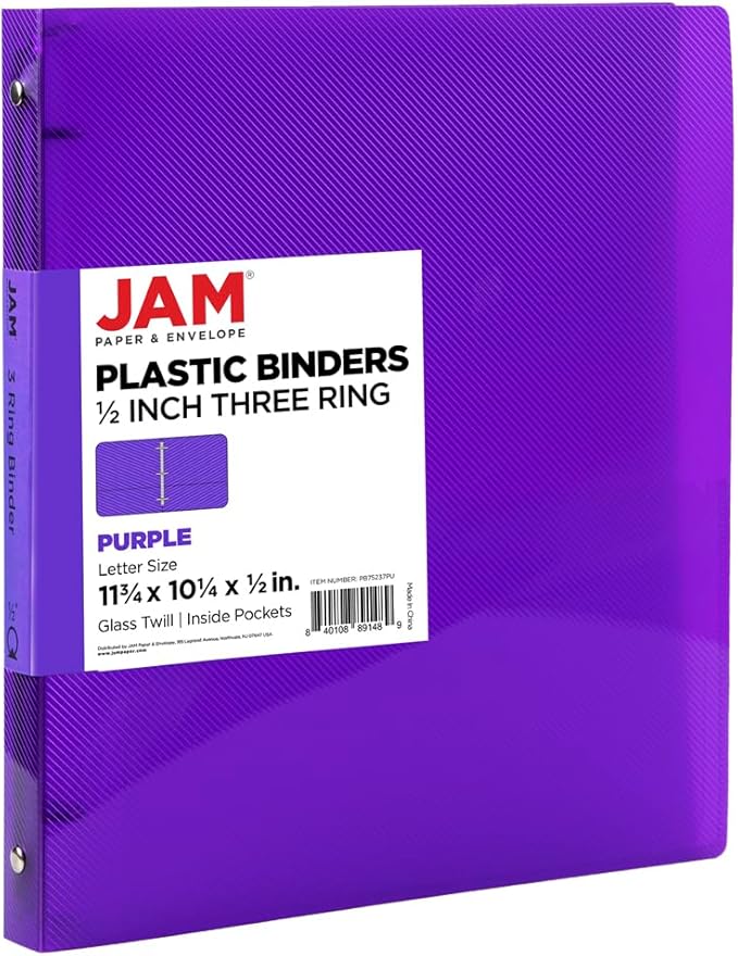 JAM PAPER Plastic 0.5 inch Binder - Purple 3 Ring Binder - Sold Individually