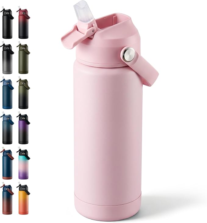 Fijinhom 18oz Insulated Stainless Steel Water Bottle, Wide Mouth Double Wall Vacuum, Silicone Straw, Sweat & Leak Proof, BPA Free Insulated Water Flask for Travel, Keep Cold 24h Hot 12h, Coral Pink