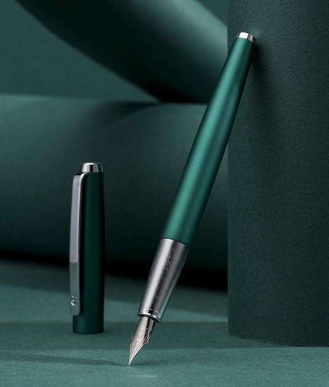 HongDian 525 Green Metal Fountain Pen Bent Nib, Calligraphy Fude Pen 0.6mm with Converter and Metal Box Set